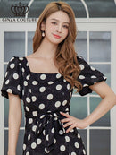 ERUKEI/C25084/エルケイ/ミディアムドレス/ワンピース/パフスリーブ/半袖/サテンジャガード/ドット/リボン/Aライン