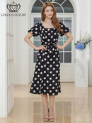 ERUKEI/C25084/エルケイ/ミディアムドレス/ワンピース/パフスリーブ/半袖/サテンジャガード/ドット/リボン/Aライン