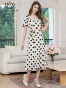 ERUKEI/C25084/エルケイ/ミディアムドレス/ワンピース/パフスリーブ/半袖/サテンジャガード/ドット/リボン/Aライン