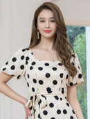 ERUKEI/C25084/エルケイ/ミディアムドレス/ワンピース/パフスリーブ/半袖/サテンジャガード/ドット/リボン/Aライン