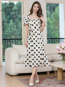 ERUKEI/C25084/エルケイ/ミディアムドレス/ワンピース/パフスリーブ/半袖/サテンジャガード/ドット/リボン/Aライン