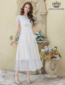 ERUKEI/C2703/エルケイ/ドレス/ミディアムドレス/ワンピース/半袖/総レース/ラインストーン/Vネック/ハイウエスト/Aライン