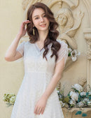 ERUKEI/C2703/エルケイ/ドレス/ミディアムドレス/ワンピース/半袖/総レース/ラインストーン/Vネック/ハイウエスト/Aライン