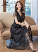 ERUKEI/C2703/エルケイ/ドレス/ミディアムドレス/ワンピース/半袖/総レース/ラインストーン/Vネック/ハイウエスト/Aライン