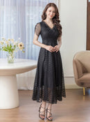 ERUKEI/C2703/エルケイ/ドレス/ミディアムドレス/ワンピース/半袖/総レース/ラインストーン/Vネック/ハイウエスト/Aライン