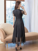 ERUKEI/C2703/エルケイ/ドレス/ミディアムドレス/ワンピース/半袖/総レース/ラインストーン/Vネック/ハイウエスト/Aライン