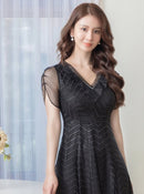 ERUKEI/C2703/エルケイ/ドレス/ミディアムドレス/ワンピース/半袖/総レース/ラインストーン/Vネック/ハイウエスト/Aライン