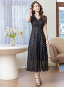 ERUKEI/C2703/エルケイ/ドレス/ミディアムドレス/ワンピース/半袖/総レース/ラインストーン/Vネック/ハイウエスト/Aライン