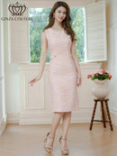 ERUKEI/C2821/エルケイ/ドレス/ミディアムドレス/ワンピース/シンプル/ノースリーブ/ツイード/タイト/膝丈