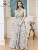 ERUKEI/C32165/エルケイ/ロングドレス/プリント/首元フリル/ノースリーブ/Aライン