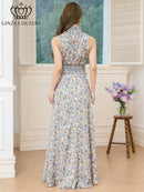 ERUKEI/C32165/エルケイ/ロングドレス/プリント/首元フリル/ノースリーブ/Aライン