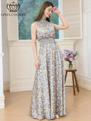 ERUKEI/C32165/エルケイ/ロングドレス/プリント/首元フリル/ノースリーブ/Aライン