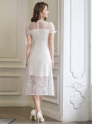 ERUKEI/E24085/エルケイ/ドレス/ミディアムドレス/ワンピース/総レース/胸元リボン/半袖/Aライン