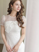 ERUKEI/E24085/エルケイ/ドレス/ミディアムドレス/ワンピース/総レース/胸元リボン/半袖/Aライン