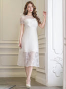 ERUKEI/E24085/エルケイ/ドレス/ミディアムドレス/ワンピース/総レース/胸元リボン/半袖/Aライン