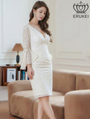 ERUKEI/E24140/エルケイ/ワンピース/ミニドレス/総レース/スパンコール/タイト/Vネック/７分袖/フリルスリーブ/タイト