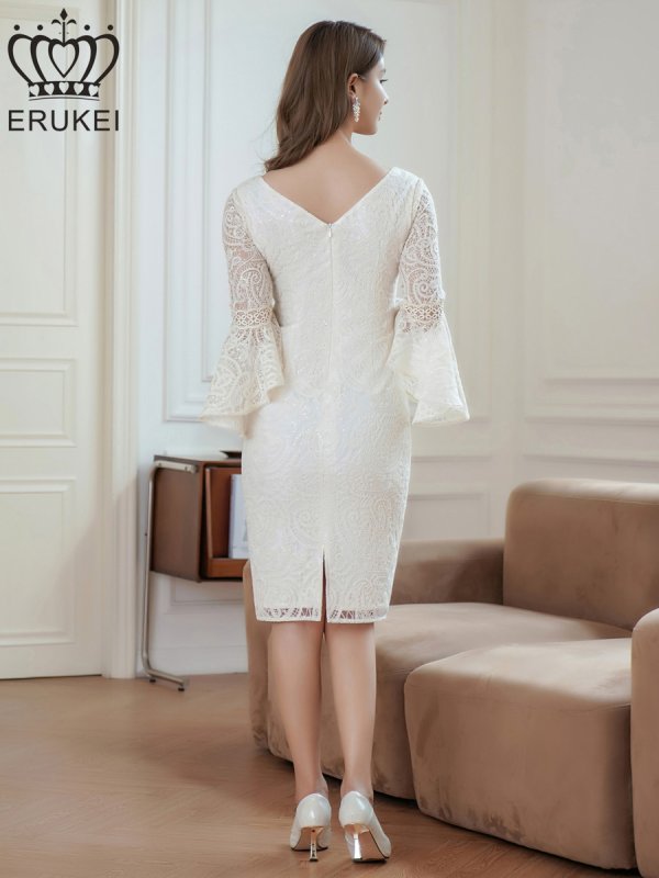 ERUKEI/E24140/エルケイ/ワンピース/ミニドレス/総レース/スパンコール/タイト/Vネック/７分袖/フリルスリーブ/タイト
