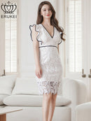 ERUKEI/E24154/エルケイ/ドレス/ミディアムドレス/ワンピース/ケミカルレース/パイピング/フリルスリーブ/ハイウエスト/Vネック/タイト/膝丈