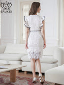 ERUKEI/E24154/エルケイ/ドレス/ミディアムドレス/ワンピース/ケミカルレース/パイピング/フリルスリーブ/ハイウエスト/Vネック/タイト/膝丈