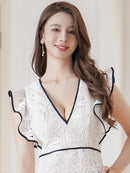 ERUKEI/E24154/エルケイ/ドレス/ミディアムドレス/ワンピース/ケミカルレース/パイピング/フリルスリーブ/ハイウエスト/Vネック/タイト/膝丈