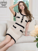 ERUKEI/E24199/エルケイ/ドレス/ミニドレス/ワンピース/ツイード/半袖/シンプル/パールボタン/タイト