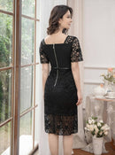 ERUKEI/E2689/エルケイ/ワンピース/ミディアムドレス/半袖/ベルト付き/ケミカルレース/ハイウエスト