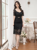 ERUKEI/E2689/エルケイ/ワンピース/ミディアムドレス/半袖/ベルト付き/ケミカルレース/ハイウエスト