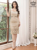 ERUKEI/E2689/エルケイ/ワンピース/ミディアムドレス/半袖/ベルト付き/ケミカルレース/ハイウエスト