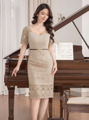 ERUKEI/E2689/エルケイ/ワンピース/ミディアムドレス/半袖/ベルト付き/ケミカルレース/ハイウエスト