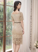 ERUKEI/E2689/エルケイ/ワンピース/ミディアムドレス/半袖/ベルト付き/ケミカルレース/ハイウエスト