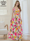 ERUKEI/E35014/エルケイ/ドレス/ロングドレス/ワンピース/プリント/ペイント柄/サテン/ノースリーブ/Vネック/Aライン