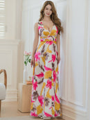 ERUKEI/E35014/エルケイ/ドレス/ロングドレス/ワンピース/プリント/ペイント柄/サテン/ノースリーブ/Vネック/Aライン