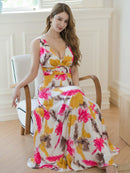 ERUKEI/E35014/エルケイ/ドレス/ロングドレス/ワンピース/プリント/ペイント柄/サテン/ノースリーブ/Vネック/Aライン