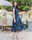 ERUKEI/S11208/エルケイ/ワンピース/ミディアムドレス/フラワープリント/ティアード/フリル/プチハイネック