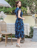 ERUKEI/S11208/エルケイ/ワンピース/ミディアムドレス/フラワープリント/ティアード/フリル/プチハイネック