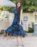 ERUKEI/S11208/エルケイ/ワンピース/ミディアムドレス/フラワープリント/ティアード/フリル/プチハイネック