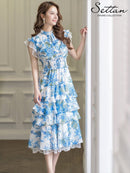 ERUKEI/S11208/エルケイ/ワンピース/ミディアムドレス/フラワープリント/ティアード/フリル/プチハイネック