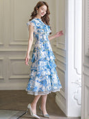 ERUKEI/S11208/エルケイ/ワンピース/ミディアムドレス/フラワープリント/ティアード/フリル/プチハイネック