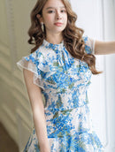 ERUKEI/S11208/エルケイ/ワンピース/ミディアムドレス/フラワープリント/ティアード/フリル/プチハイネック