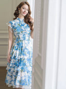 ERUKEI/S11208/エルケイ/ワンピース/ミディアムドレス/フラワープリント/ティアード/フリル/プチハイネック