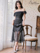 ERUKEI/S2510/エルケイ/ドレス/ミディアムドレス/ワンピース/総レース/リボンビジュー/オープンショルダー/ひざ下/Aライン