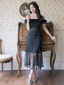 ERUKEI/S2510/エルケイ/ドレス/ミディアムドレス/ワンピース/総レース/リボンビジュー/オープンショルダー/ひざ下/Aライン