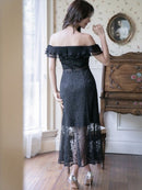 ERUKEI/S2510/エルケイ/ドレス/ミディアムドレス/ワンピース/総レース/リボンビジュー/オープンショルダー/ひざ下/Aライン