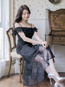 ERUKEI/S2510/エルケイ/ドレス/ミディアムドレス/ワンピース/総レース/リボンビジュー/オープンショルダー/ひざ下/Aライン