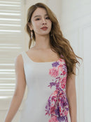 ERUKEI/S36114/エルケイ/ドレス/ロングドレス/ワンピース/プリント/花柄/リボン/ハイウエスト/ノースリーブ/Aライン