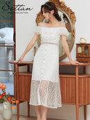 ERUKEI/S2510/エルケイ/ドレス/ミディアムドレス/ワンピース/総レース/リボンビジュー/オープンショルダー/ひざ下/Aライン