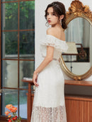 ERUKEI/S2510/エルケイ/ドレス/ミディアムドレス/ワンピース/総レース/リボンビジュー/オープンショルダー/ひざ下/Aライン