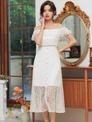 ERUKEI/S2510/エルケイ/ドレス/ミディアムドレス/ワンピース/総レース/リボンビジュー/オープンショルダー/ひざ下/Aライン