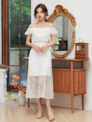 ERUKEI/S2510/エルケイ/ドレス/ミディアムドレス/ワンピース/総レース/リボンビジュー/オープンショルダー/ひざ下/Aライン