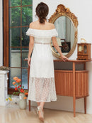 ERUKEI/S2510/エルケイ/ドレス/ミディアムドレス/ワンピース/総レース/リボンビジュー/オープンショルダー/ひざ下/Aライン